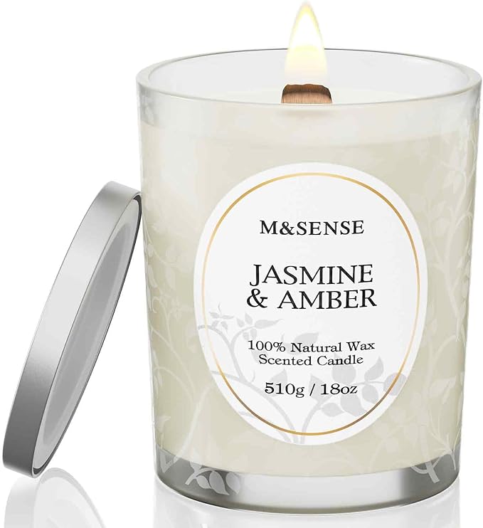 M&SENSE Jasmine Amber Candle, Cracking Wooden Wick Soy Wax, 18oz 100 Hours Long Lasting Clean Burn, Large Jar Candles for Home Scented, Non-Toxic Relaxing Aromatherapy Gifts for Women - Bloomnest
