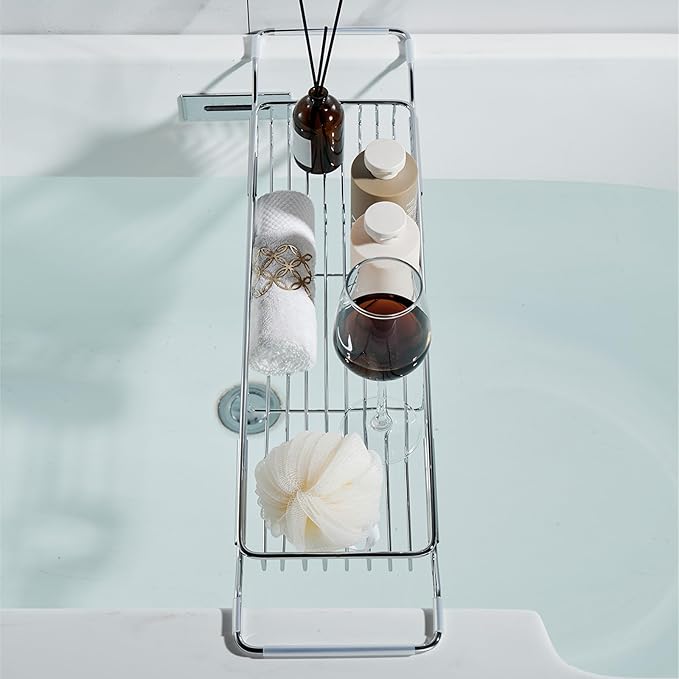 Stainless Steel Bathtub Caddy Tray, Expandable Bath Tub Tray Table, Adjustable Bathroom Tray, Bath Organizer Tub Shelf,Black,26.8~35.4in - Bloomnest