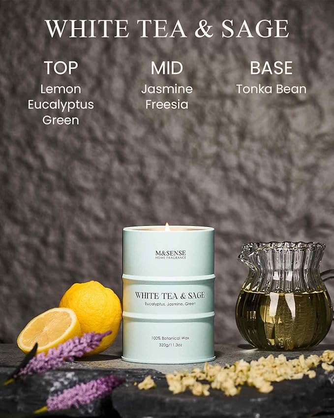 M&SENSE White Tea Sage Scented Candles Natural Non Toxic, Aromatherapy Candle for Stress Relief Meditation Relaxing, Housewarming Gifts for Women Men, 11.3oz 70 Hour Long Burning - Bloomnest