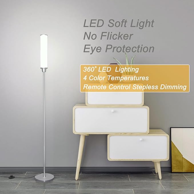 Floor Lamp with Remote Control,Bright Floor Lamps for Living Room/Bedroom/Office, Stepless Adjustable 3000K-6000K Colors and 10-100% Brightness,Standing Light with Foot Switch (Nickel) - Bloomnest