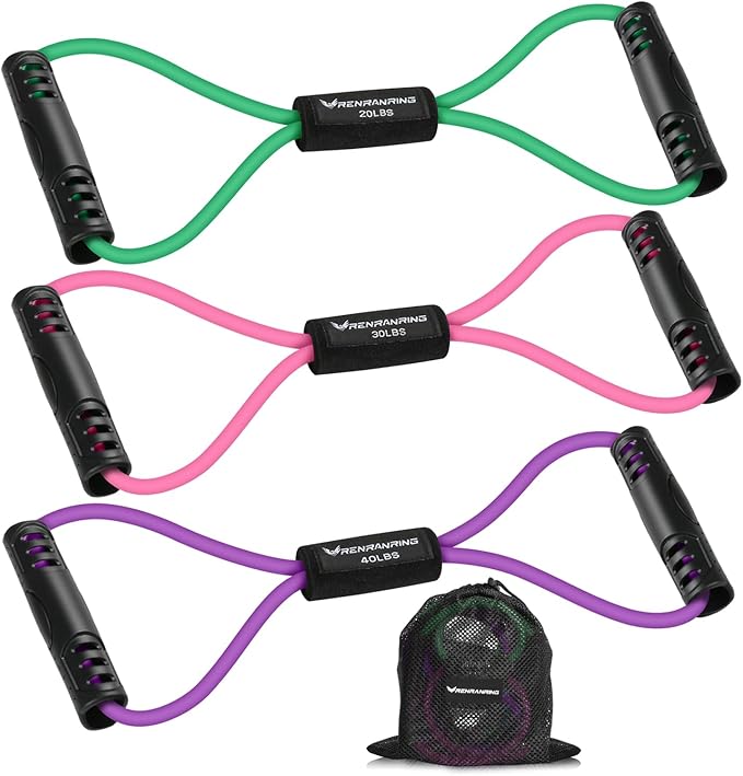 RENRANRING Figure 8 Fitness Resistance Bands with Handles - Exercise Tube Band Set of 3 for Arm and Shoulder Stretch, Rope 8 Word Elastic for Women and Men
