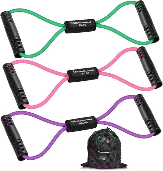 RENRANRING Figure 8 Fitness Resistance Bands with Handles - Exercise Tube Band Set of 3 for Arm and Shoulder Stretch, Rope 8 Word Elastic for Women and Men