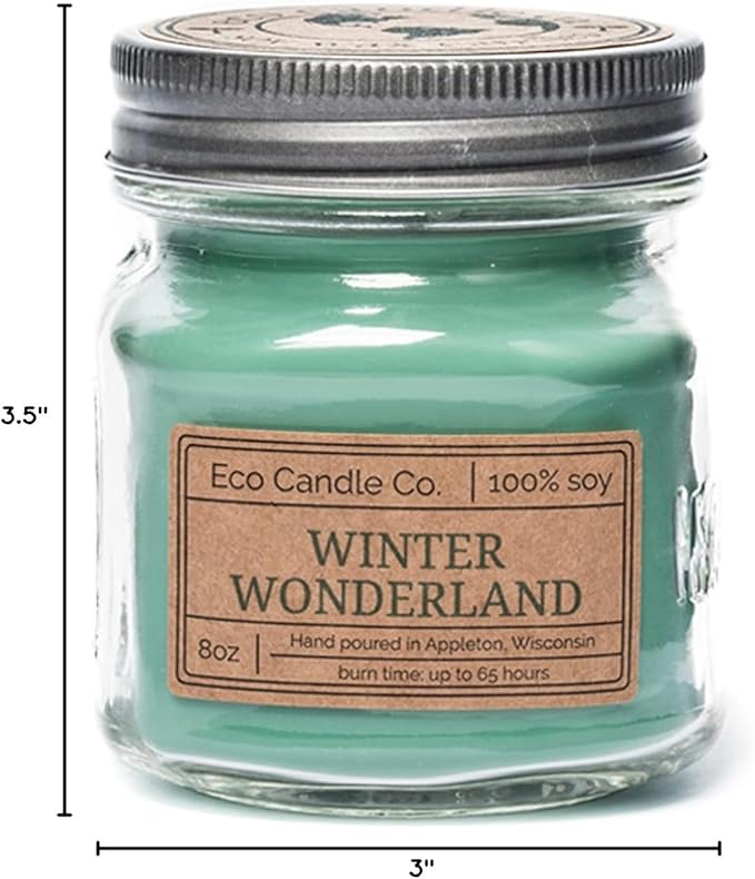 ECO CANDLE CO. Mason Jar Candle, Winter Wonderland, 8 oz. - Scents of Pine, Spruce, & Fir - 100% Soy Wax, No Lead, Kraft Label & Antiqued Pewter Lid, Hand Poured, Made from Midwest Grown Soybeans - Bloomnest