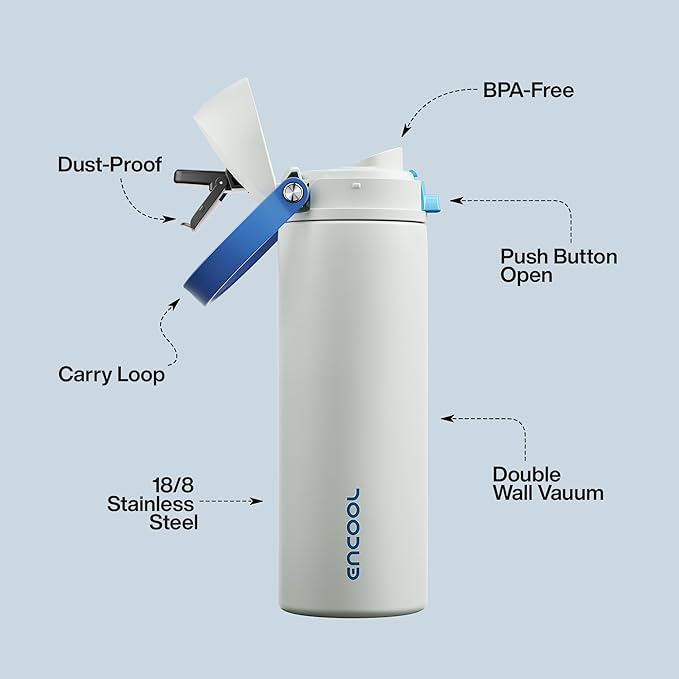 Insulated Water Bottle with Straw - Encool Stainless Steel Water Bottle with Push Button Lid, Leak-Proof & BPA-Free, Keeps Cold for 24 Hours for Sports, Travel, Gym (24 oz, Quill Grey-Blue) ENCOOL