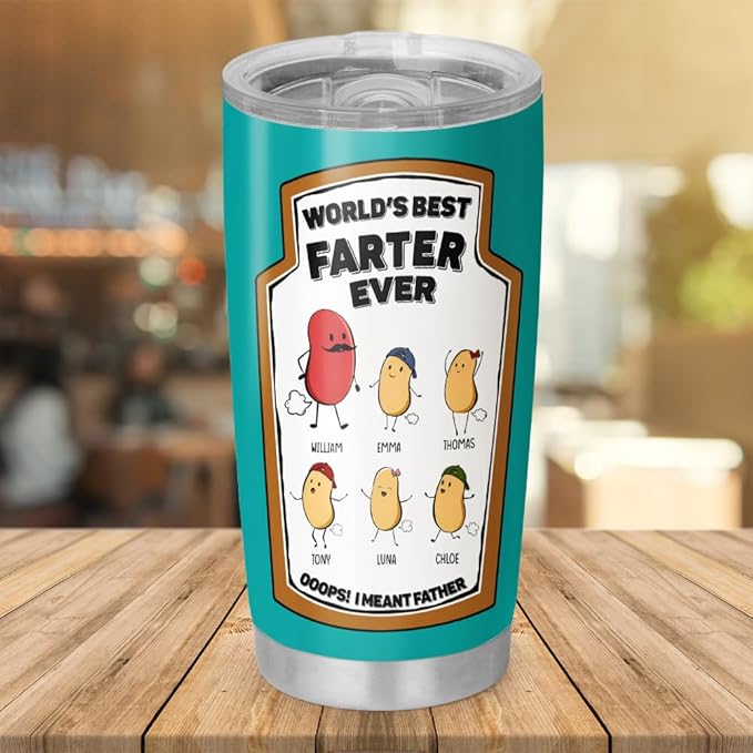 World’s Best Farter Ever Tumbler, 20oz or 30oz Personalized Insulated Stainless Steel Mug, Funny Gift for Dad from Kids, Custom Cartoon Beans with Names, Father’s Day Joke Travel Cup - Bloomnest