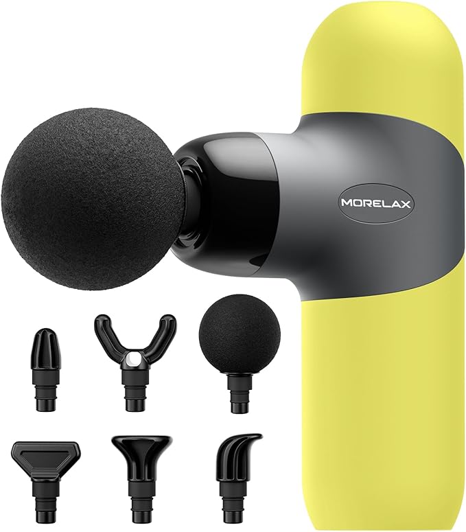 Morelax Mini Massage Gun Portable Deep Tissue Muscle Percussion Massager, Electric Handheld Sport Massager with 6 Massage Heads 4 Speed, Best Gift (Yellow) - Bloomnest