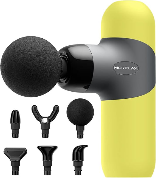 Morelax Mini Massage Gun Portable Deep Tissue Muscle Percussion Massager, Electric Handheld Sport Massager with 6 Massage Heads 4 Speed, Best Gift (Yellow) - Bloomnest