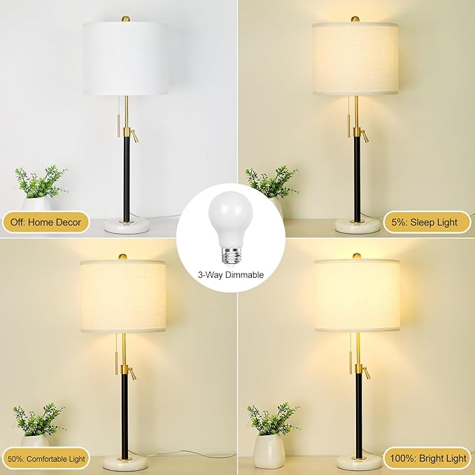 Black and Gold Table Lamps Set of 2: 22" to 30" Height Adjustable Nightstand Lamps with White Linen Shade | Pull Chain Switch | Marble Base - 3 Way Dimmable Beside Lamp for Bedrooms Living Room - Bloomnest