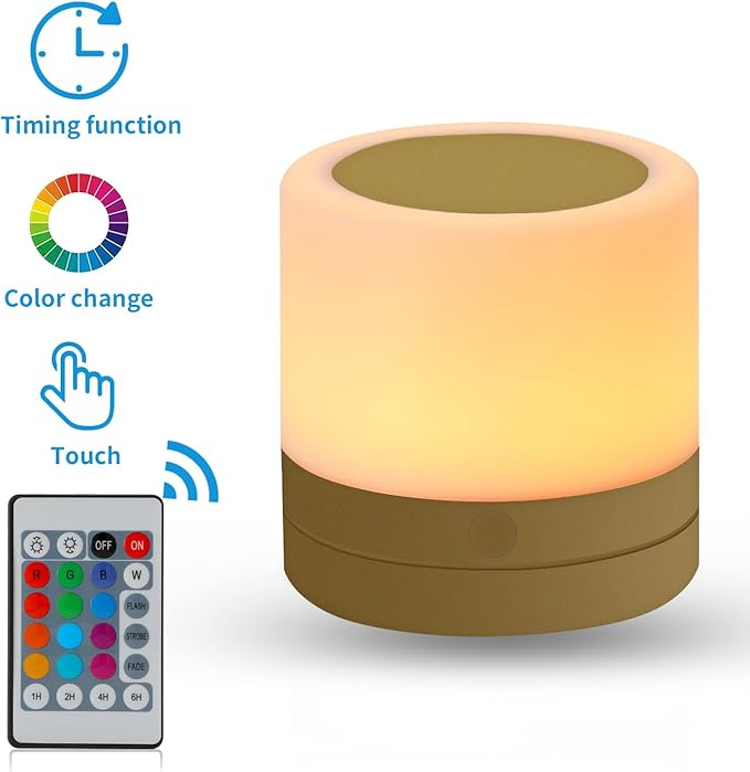 ERUN Nursery Night Light for Kids, USB Rechargeable Small Desk Lamp,13 RGB Colors & 4 Brightness & 1 Remote, Touch Bedside Cordless Table Lamp, Portable Night Lamp for Bedroom Living Room Home (Gold) - Bloomnest