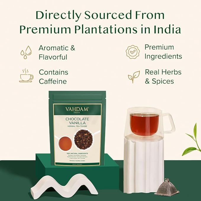 VAHDAM Chocolate Vanilla Herbal Tea (3.5 oz, 50+ Cups) | Rooibos, Chocolate, Vanilla | Loose-Leaf, Vacuum Sealed for Freshness - Bloomnest