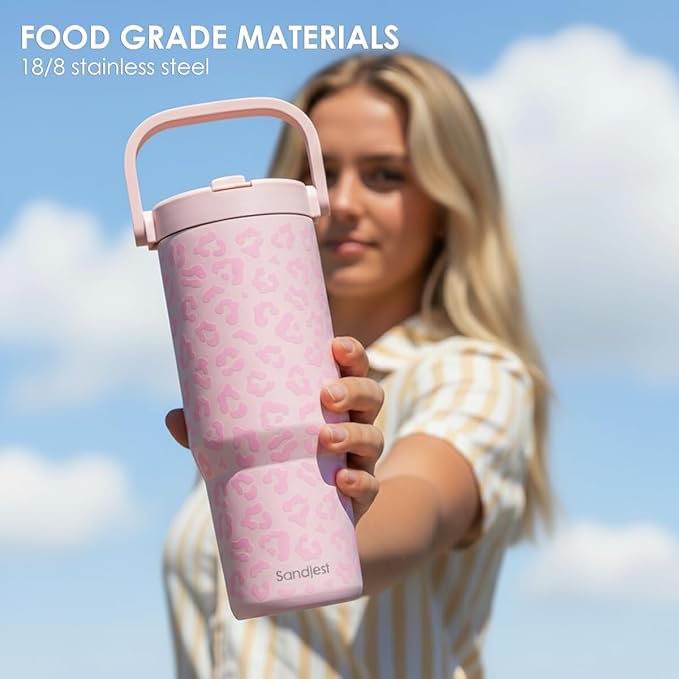 SANDJEST Leopard Skin Stainless Steel Straw Lid Tumbler 30oz with Carry Handle for Women Girls, Insulated Travel Coffee Cup, Gift for Sports Outdoor Workout Christmas Birthday (Pink) - Bloomnest