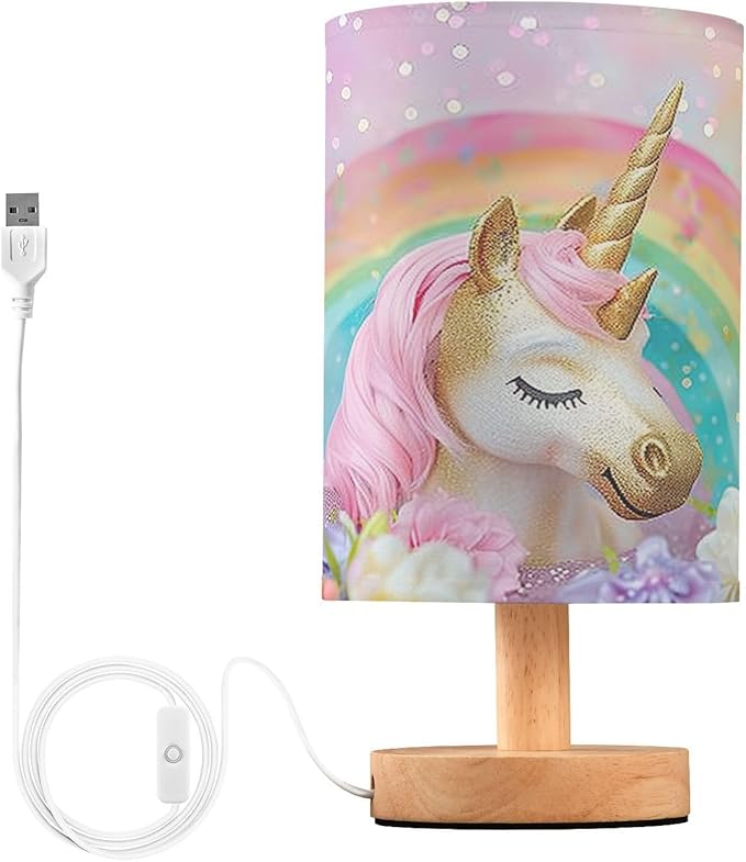 Bedside Lamp Pink Unicorn Cute Table Lamp with USB Port Wood Base for Living Room,Bedroom,Nightstand 214B5433 - Bloomnest