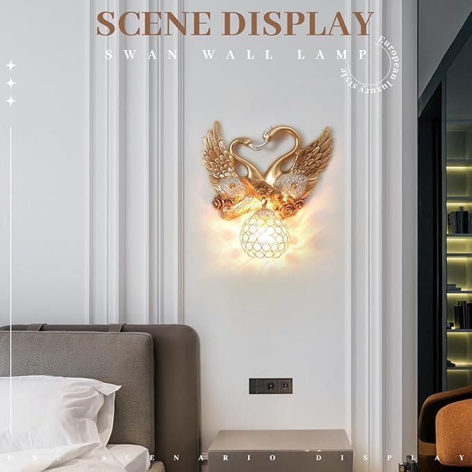 Vintage Swan Wall Sconce with Crystal Beaded Lampshade, Luxury Indoor Resin Animal Wall Sconce Light Creative Heart Shaped Wall Mount Light Fixtures for Bedroom Living Room Hallway Deco (Gold) - Bloomnest