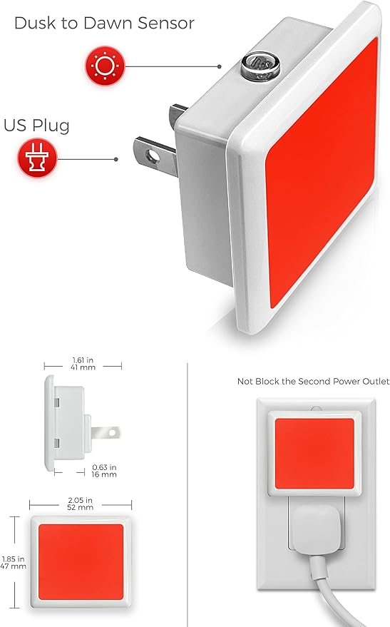 L LOHAS LED Red Night Lights Plug into Wall 2-Pack, 0.3W Plug in Night Light, Dusk to Dawn, Bright Nightlight Auto-On/Off, for Adults Kids Room Bedroom Bathroom Hallway Kitchen, Non-Dim - Bloomnest