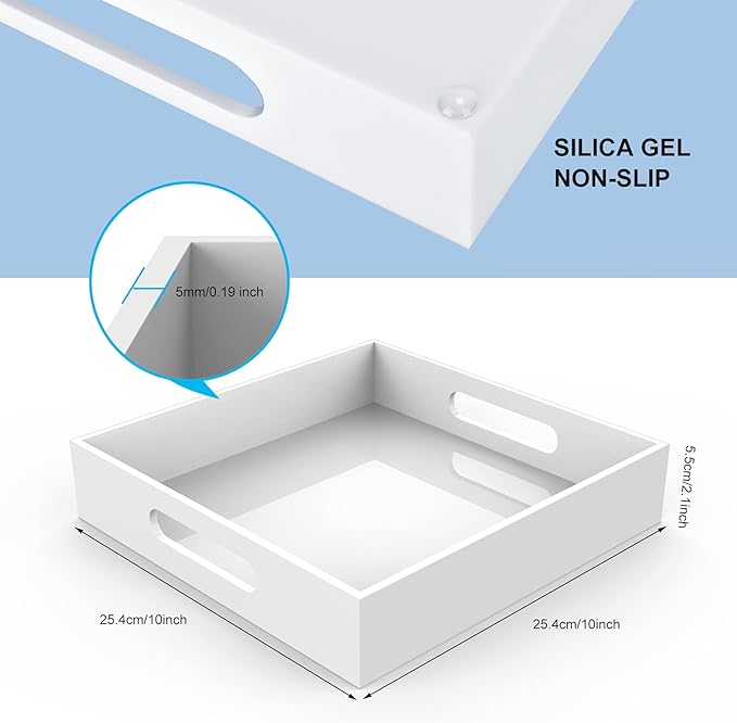 Home Decorative Coffee Table Tray, 10"x10" Elegant Acrylic Serving Trays with Handles Works for Eating, Breakfast, Makeup Drawer Organizer,Bathroom Vanity Table,Ottoman Tray, White - Bloomnest