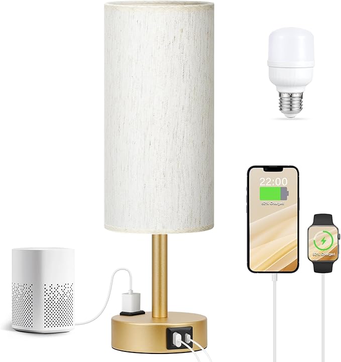 Fenmzee Gold Nightstand Bedroom Lamp - 3 Way Dimmable Bedside Lamp USB C A Charging Ports and AC Outlet, Small Table Lamp Linen Lampshade for Office Desk, LED Bulb Included - Bloomnest