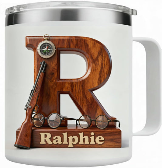 Personalized Christmas Story Mug with Custom Name & Ralphie Initial - 14oz Insulated Tumbler with Handle & Lid - Funny Red Ryder Movie Fan Gift for Men, Dad, Husband (B63)