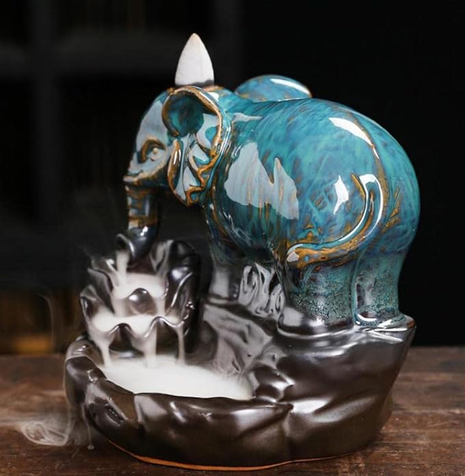 Comeon Backflow Incense Burner Elephant Incense Holder Handmade Ceramic Incense Waterfall Burner Censer + 20 Backflow Incense Cones 30 Incense Sticks 1 Tweezer 1 Mat for Meditaion Home Decor - Bloomnest
