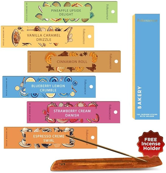 Folkulture Incense Sticks with Holder for Gift | Set of 6 (120) Non Toxic Fall Incense Sticks with 45 Mins Burn Time | Bakery Themed Organic Fall Scents- Vanilla Caramel, Strawberry, Cinnamon Insense