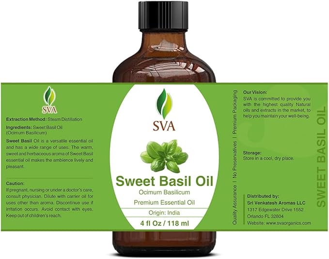 SVA Sweet Basil Essential Oil – 4 Fl Oz – 100% Natural Basil Oil - for Diffuser, Hair Care, Face, Skin Care, Aromatherapy, Scalp and Body Massage, Soap and Candle Making – with Dropper - Bloomnest