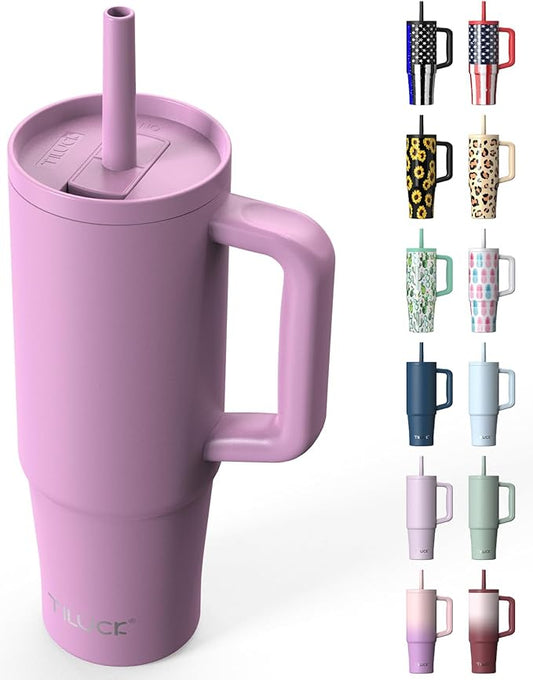 TILUCK 30 oz Tumbler with Handle, Vacuum Insulated Stainless Steel Travel Mug with 100% Leak-Proof Silicone Straw Lid, Cupholder Friendly Water Bottle(Lilac, 30oz)