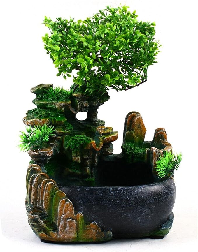 Tabletop Fountain Waterfall Fountain Indoor Humidifier with Rockery,Waterfall,Plant,Lamp Desk Fountain Desk Decorations for Office Home Bedroom US Stock