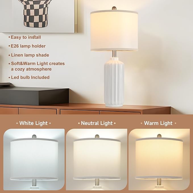 Lamp for Living Room Bedroom Lamps Farmhouse Table Lamps Set of 2 Vertical Stripe Ceramic Table Lamp,Linen Shade with Bulb, 25 in High, White - Bloomnest