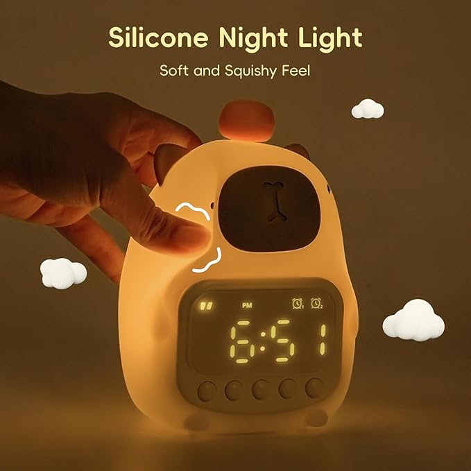 Capybara Alarm Clock with Night Light for Kids, Cute Toddler Alarm Clocks for Bedrooms Ok to Wake Clocks for Girls and Boys, Silicone Animal Tabletop Lamp for Kid, RGB Color - Bloomnest