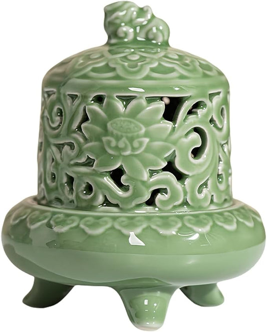 Mini Ceramic Incense Burner - Chinese Classic Plum Green Celadon Glaze, Fragrance Cone & Stick Holder Palo Santo/Sage/Herb Burner for Meditation, Yoga, Desk Decor, Zen Relaxation Gift (PI XIU) - Bloomnest
