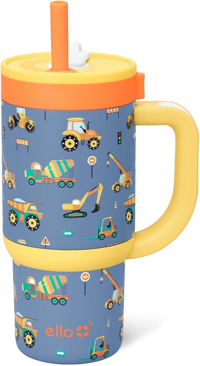 Ello Oasis 14oz Stainless Steel Toddler Tumbler with Handle & Retracting Straw, 100% Leakproof, Double-Wall Vacuum Insulated, Kids Water Bottle for School, BPA Free, Dishwasher Safe, Construction - Bloomnest