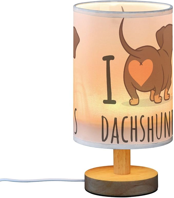 Table Lamp Cute Dachshund Dog I Love Dachshunds Heart Butt Nightstand Lamp with Wood Base Fabric Lamp Shade Bedside Desk Lamp for Living Room Bedroom Kids Room Office - Bloomnest