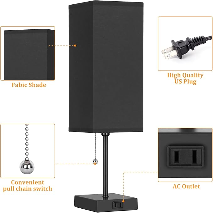 Table Lamp for Bedroom set of 2,3-Color Bedside Lamps with Pull Chain Table Lamps for Nightstand with AC Outlets,18'' Night Light Lamps with 2 Bulbs Lamps for Living Room Kids Office Decor（Black） - Bloomnest