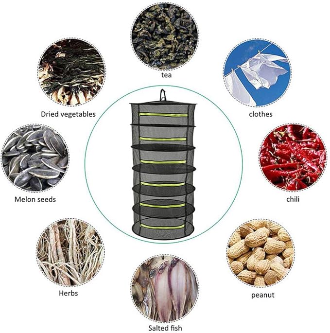6-Layer Herb Drying Rack, 2ft Plant Hanging Mesh Dry Net with Green Zippers and Bonus Hook - Bloomnest