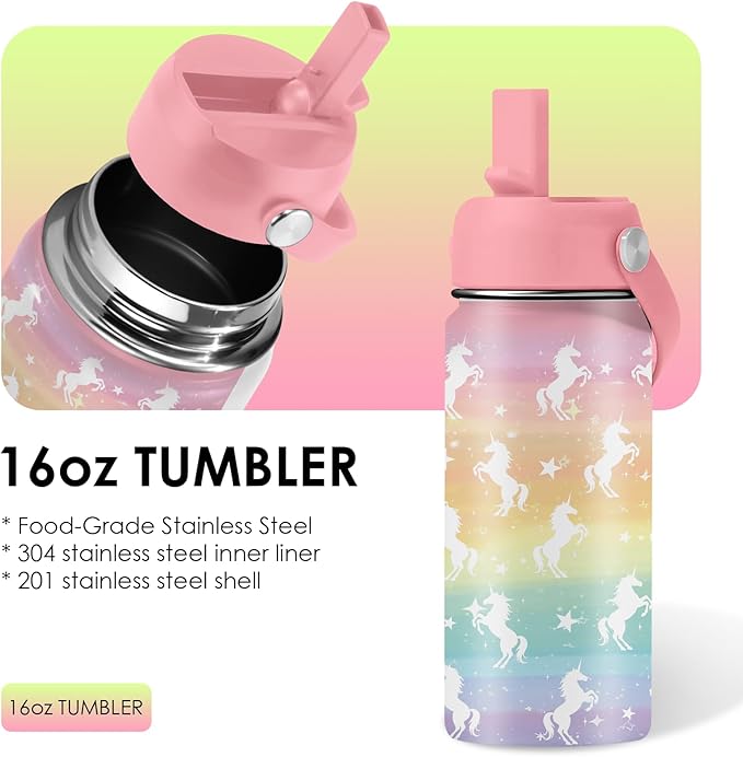 Unicorn Gifts 16 oz Water Bottle with Straw Lid, Stainless Steel Insulated Tumbler, Leak Proof, BPA - Free, Cute Rainbow Unicorn Pattern Mug for Birthday, Christmas, Daily Use, Travel (1pc) - Bloomnest