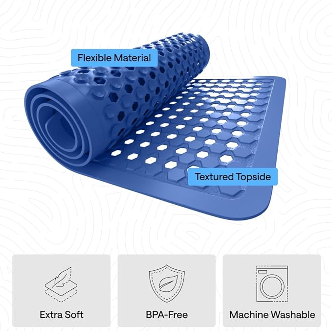 GORILLA GRIP Patented Bath Tub Shower Mat, Machine Washable Bathtub Floor Liner Mats, Suction Cups and Drain Holes to Keep Tubs Clean, Soft on Feet, Bathroom Essentials, 35x16 Inch, Royal Blue Opaque - Bloomnest