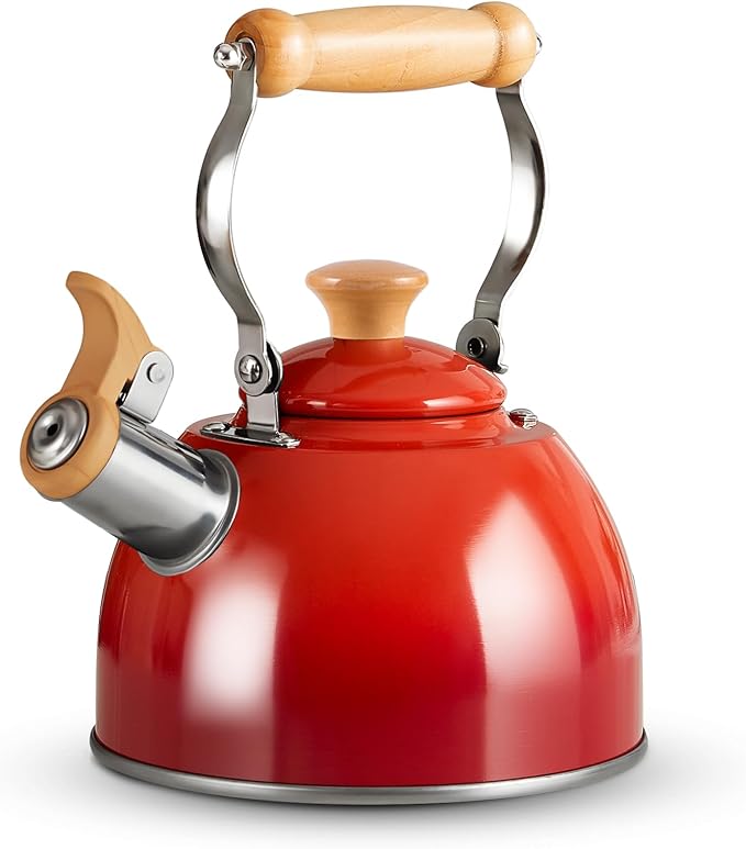 ROCKURWOK Tea Kettle, Tea Pot with Cool Touch Ergonomic Handle, Teapot Food Grade Stainless Steel, Tea Kettle Stovetop, Kettle Teapot, Whistling Tea Kettle, Small Tea Pot, 1.6 Quart (Red) - Bloomnest