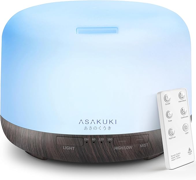 ASAKUKI Essential Oil Diffuser 500ml, Ultrasonic Aromatherapy Humidifier with Remote Control, 7 LED Colors, Timer & Auto-Off, Large Room Diffuser (Dark Brown) - Bloomnest