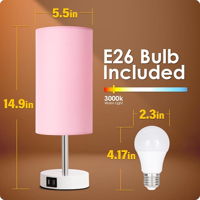 Yarra-Decor Desk Lamp with USB Port, Touch Control Desk Lamp with 3 Levels Brightness, Bedside Table Lamp with Round Pink Shade for Bedroom, Living Room, Dorm, Home Office - Bloomnest