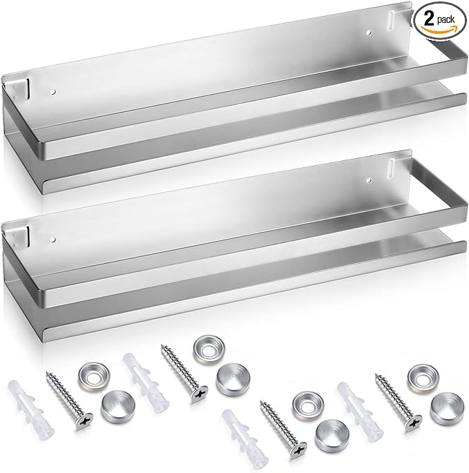 Lallisa 2 Pieces Stainless Steel Shelf Bathroom Shower Floating Shelves Wall Mounted Shower Caddy Basket Shelf Storage Organizer Shelves for Bathroom, Kitchen, Living Room (Silver,15.75 Inch/ 40 cm) - Bloomnest