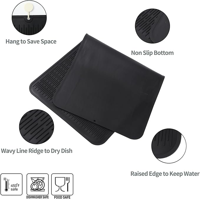 Silicone Dish Drying Mat for Multiple Usage,Easy clean,Eco-friendly,Heat-resistant Silicone Mat for Kitchen Counter or Sink,Refrigerator or Drawer Liner Black 5XL 36inches x 18inches - Bloomnest
