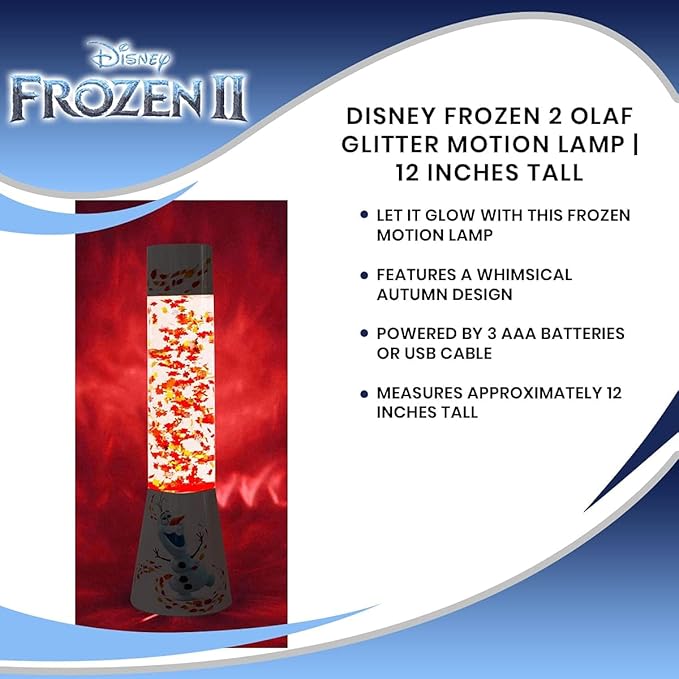 Ukonic Disney Frozen 2 Olaf Snowman Glitter Motion Lamp | LED Light, Bedside Table Lamp for Desk | Home Decor Accessories and Room Essentials | Official Disney Princess Collectible | 12 Inches Tall - Bloomnest