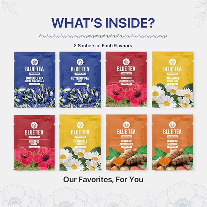 BLUE TEA - Founder’s Favourite Assorted Gift Set | 8 Varieties, 40 Count - Pyramid Plant Based Tea Bag | Caffeine Free - Herbal Tea Sampler | Tea Variety Pack | Gifts for Him and Her - Bloomnest