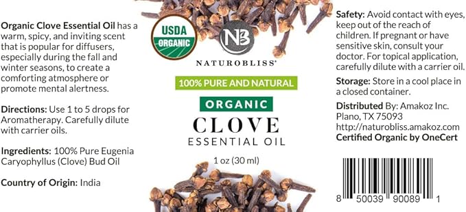 NaturoBliss Organic Clove Essential Oil 1 oz – 100% Pure, Natural, Undiluted for Toothache, Sore Muscles, Skin & Hair Care - Soothing Clove Bud Oil for Aromatherapy, Warm Spicy Aroma NaturoBliss