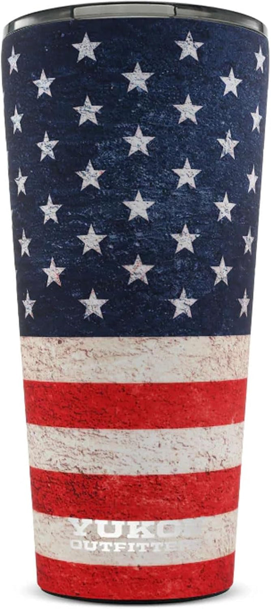 Yukon Outfitters 32oz Double Pint Double Wall Vacuum Insulated Stainless Steel Tumbler with Three Flow Lid | For Hot or Cold Beverage | Fits Most Cup Holders, USA Flag