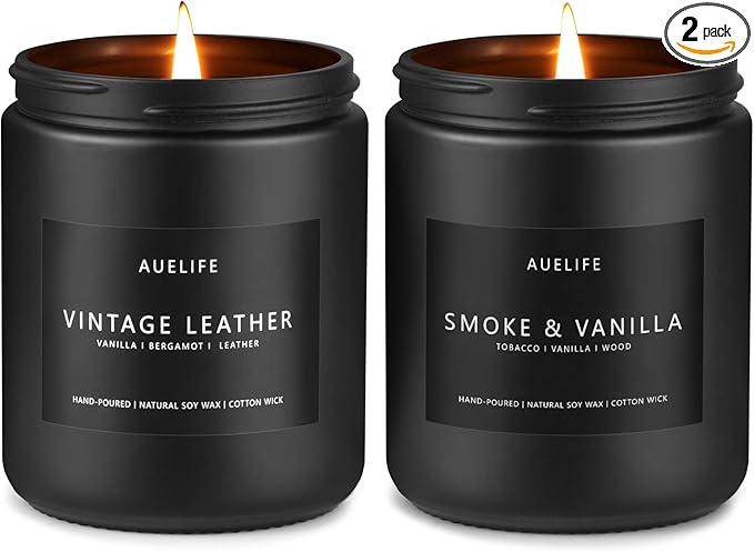 2 Pack Men Candles | Smoke & Vanilla + Vintage Leather - Scented Candles for Men - Masculines Candle - Soy Candle for Home Scented, Man Gifts, Black Jar - 7oz - Bloomnest