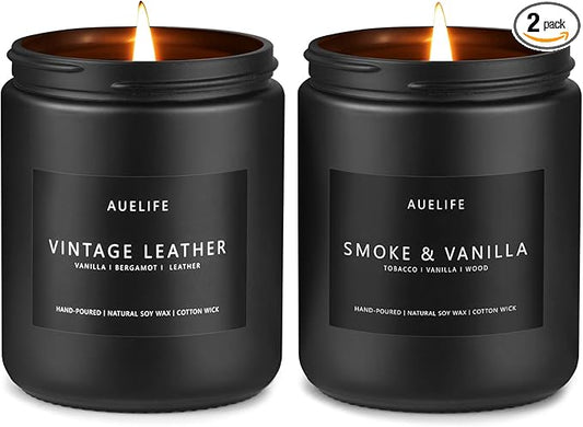 2 Pack Men Candles | Smoke & Vanilla + Vintage Leather - Scented Candles for Men - Masculines Candle - Soy Candle for Home Scented, Man Gifts, Black Jar - 7oz - Bloomnest