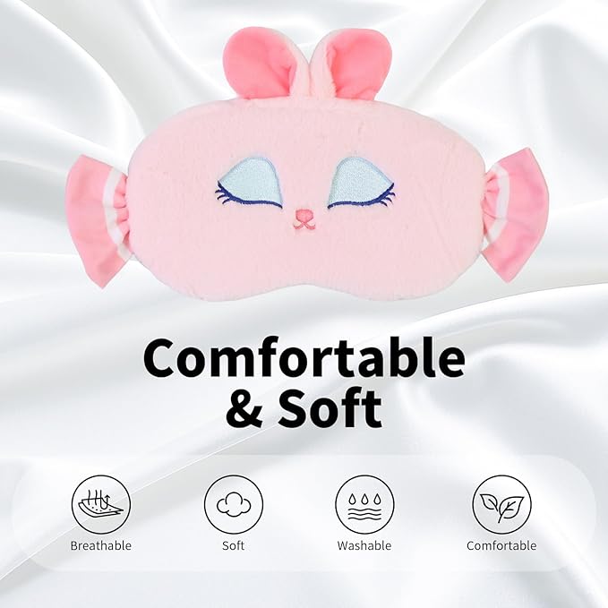 Cute Sleep Eye Masks for Kids, Kawaii Cartoon Kids Sleeping Mask for Women Boys Girls Teens, Soft Plush Adjustable Eyeshade Silk Travel Nap Eye Cover,Pink Candy Bunny - Bloomnest