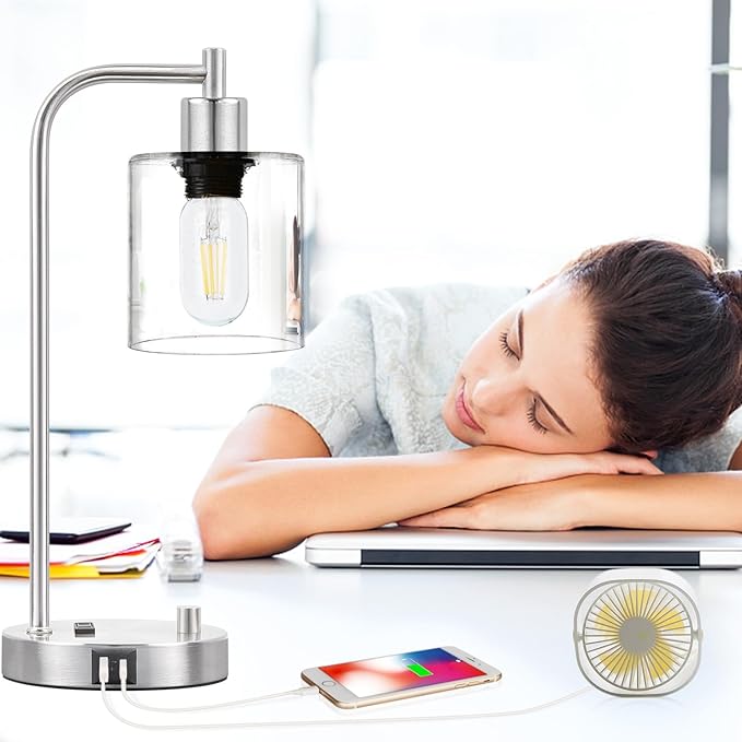 Set of 2 Industrial Table Lamps with USB C+A Ports and Outlet, Brushed Nickle Fully Stepless Dimmable Bedside Lamps, Nightstand Lamp with Clear Glass Shade for Bedroom Living Room 2 LED Bulb Included - Bloomnest