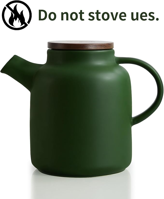 Yundu 1500ml / 50 oz Ceramic Teapot with Infuser & Wood Lid - Matte Green, Loose Leaf Tea Pot with Removable Strainer, Large Capacity - Bloomnest