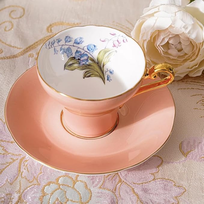 Aynsley Handpainting Colored Glaze Lily of the Valley Corset Fine Bone China English Tea Cup and Saucer Set, 6.1 oz (Orange) - Bloomnest